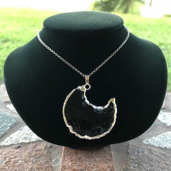 Genuine black obsidian big silver moon necklace - Picture 2 of 7